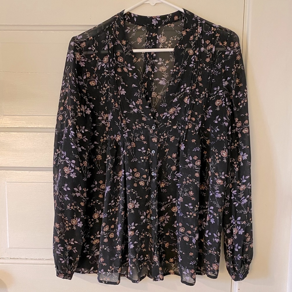 Black & Purple Floral Long Sleeve Button Blouse